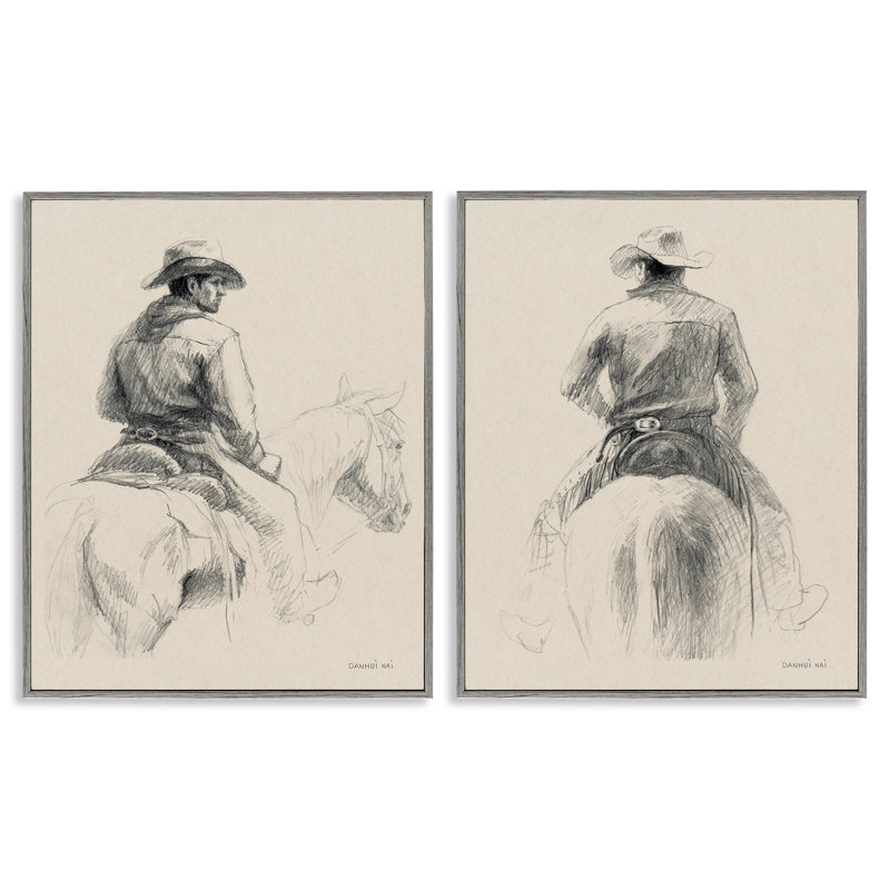  «Cowboy esquissé sur un ensemble de 2» par Danhui Nai, Estampe numérique Farmhouse, H 14 po x l 11 po