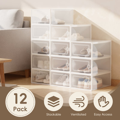 Grand paquet de 12 grandes boîtes de rangement pour chaussures, organisateur de chaussures empilable en plastique transparent pour garde-robe, porte-bac pliable pour chaussures