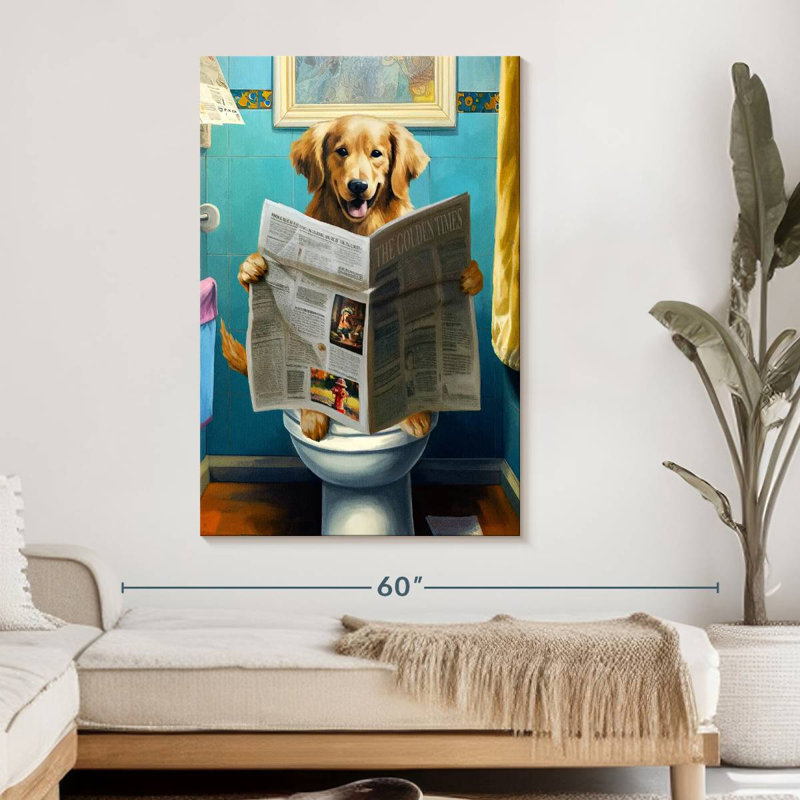 Golden retriever sur une toilette sur toile, H 48 po x l 32 po x P 1,25 po