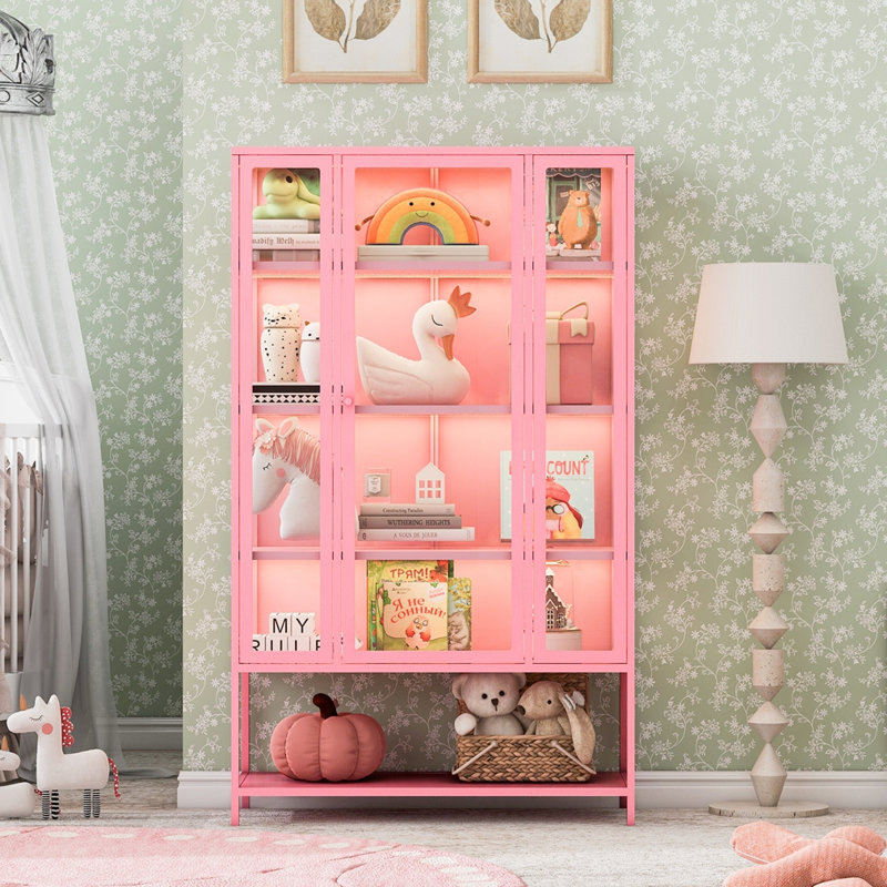 67.25" Tall Iron Display Cabinet With Glass Door And LED Lights Steel, Pink