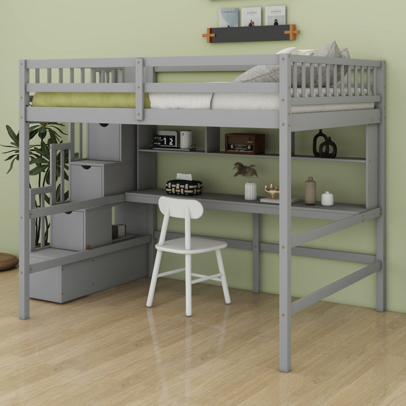 Lit mezzanine avec bureau, tablettes de rangement et escalier, gris