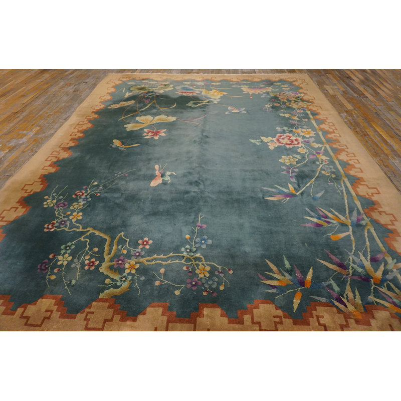 Rectangle Knotted Chinese - Art Deco Room Size Antique Wool Blue 1920s Rug