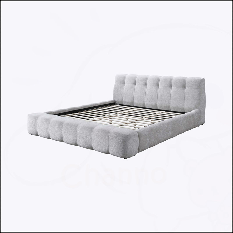 Très grand lit oriental en chenille gris Hannah avec cadre durable et design élégant pour les chambres modernes, Très grand