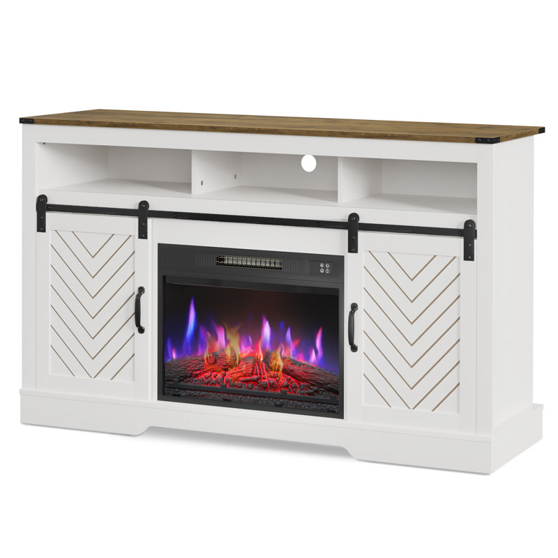 Brandt 58" Media Console TV Stand with Electric Fireplace, Natural/White