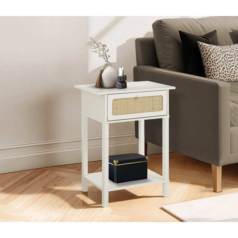 Table d'appoint, 2 niveaux, table de bout, table de chevet, table d'appoint, tiroir de rangement, chambre à coucher, salon, stratifié blanc, transitionnel