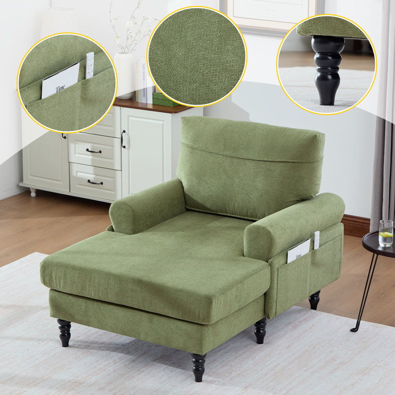 Chaise longue rembourrée en chenille moderne avec poche de rangement et pieds en bois massif, Vert olive