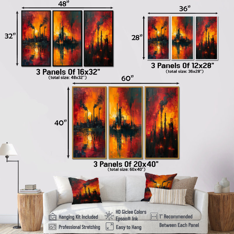 Collection industrielle rouge «Polution I» - usines d'art mural, H 40 po x l 60 po, Impression encadrée flottante, Doré