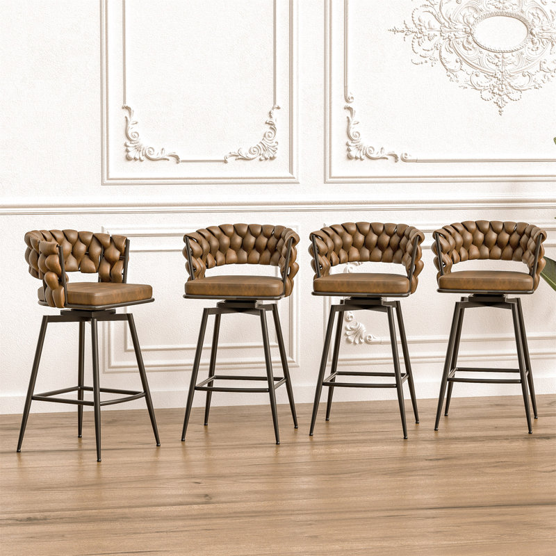 Ensemble de 2 tabourets de bar 28 po en cuir tressé en cuir technique avec pieds noirs, pas d'îlot de cuisine réglable, 360 tabourets de bar pivotants, tabouret de bar avec repose-pieds