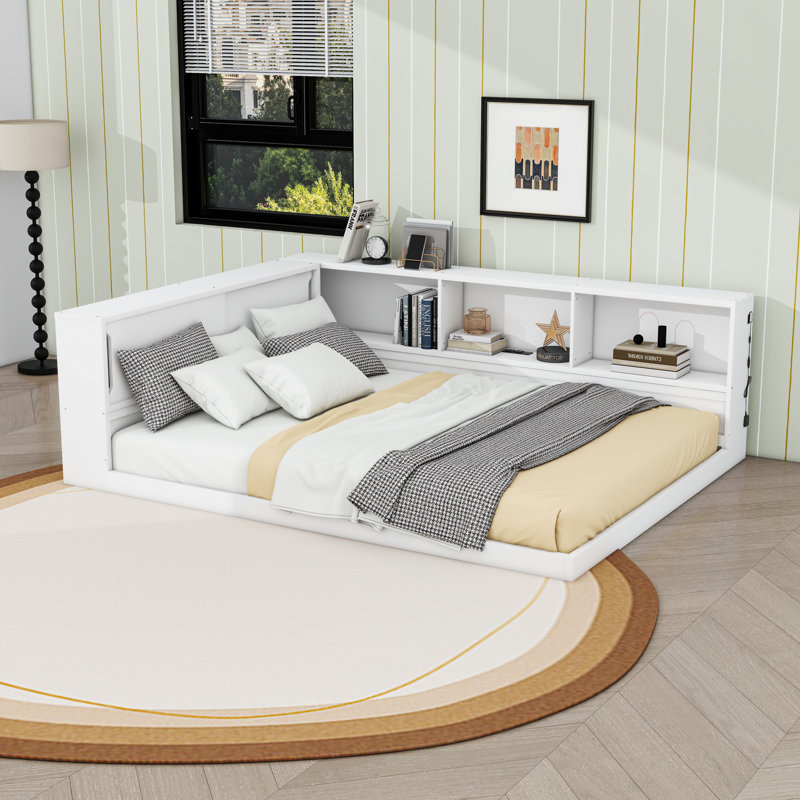 Queen Wooden Daybed with Shelves and Charging Station and LED, White