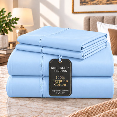 100% Egyptian Cotton 1000 Thread Count  Queen 4-Piece Sheet Set, Light Blue