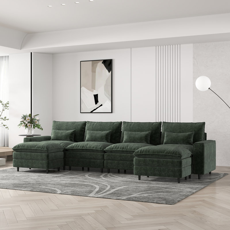 Canapé en chenille 4 places avec 2 repose-pieds et coussins lombaires en chenille - Flexibles, confort familial, Vert