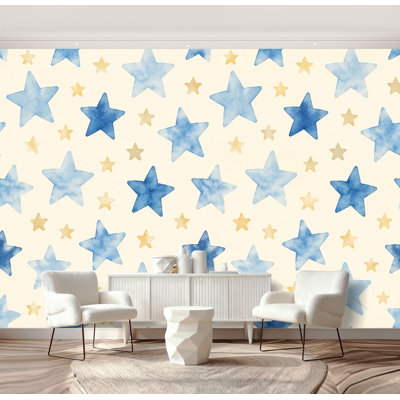 Peel and Stick Wallpaper Watercolor Blue Gold Star Cream Wall Murals 69"H x 96"W Removable PVC Wall Paper Self-Adhesive Wall Decor for Bedroom Living Room Home Office
