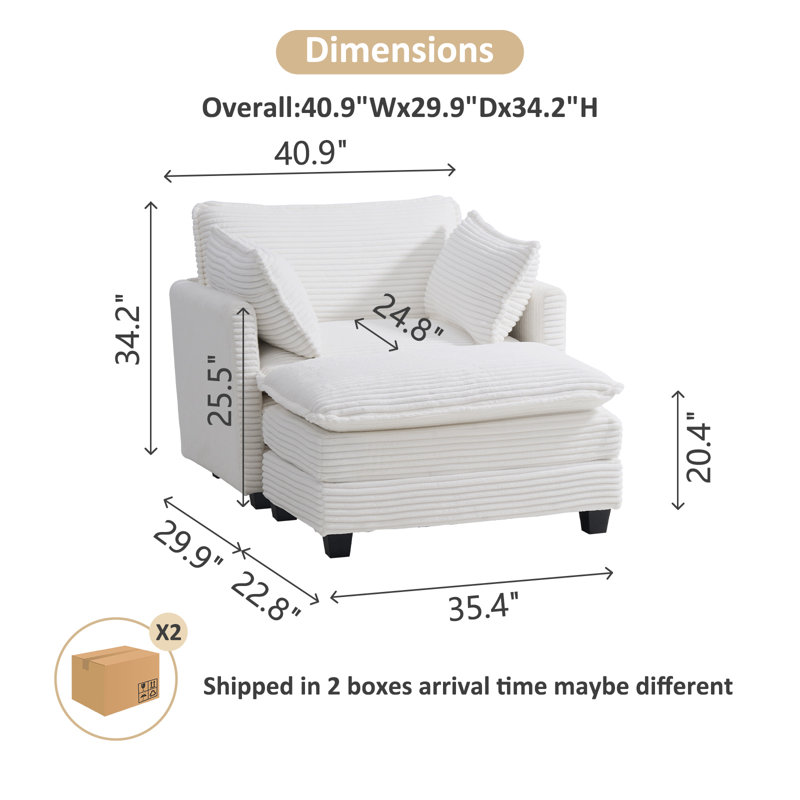 Canapé modulaire modulaire en velours côtelé avec siège profond, canapé simple surdimensionné avec repose-pieds mobile, White
