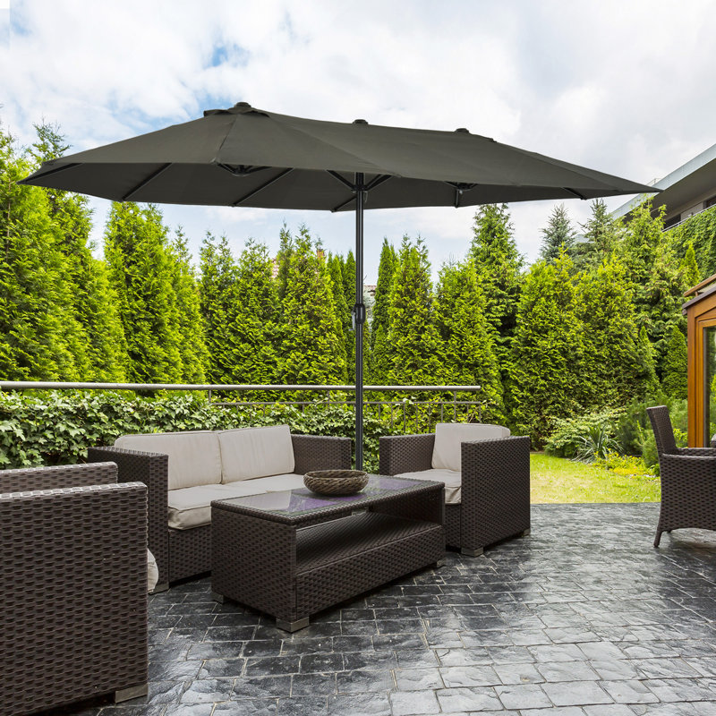 Très grand parasol d'extérieur double face de 15 pi avec manivelle et bouches d'aération pour la cour, la terrasse et la piscine