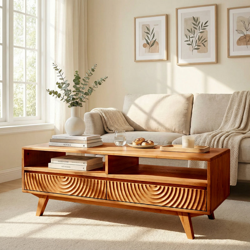Table basse rectangulaire en bois d'hévéa massif avec rangement, 2 tiroirs et tablette ouverte, centre de 47,2 pouces pour le salon