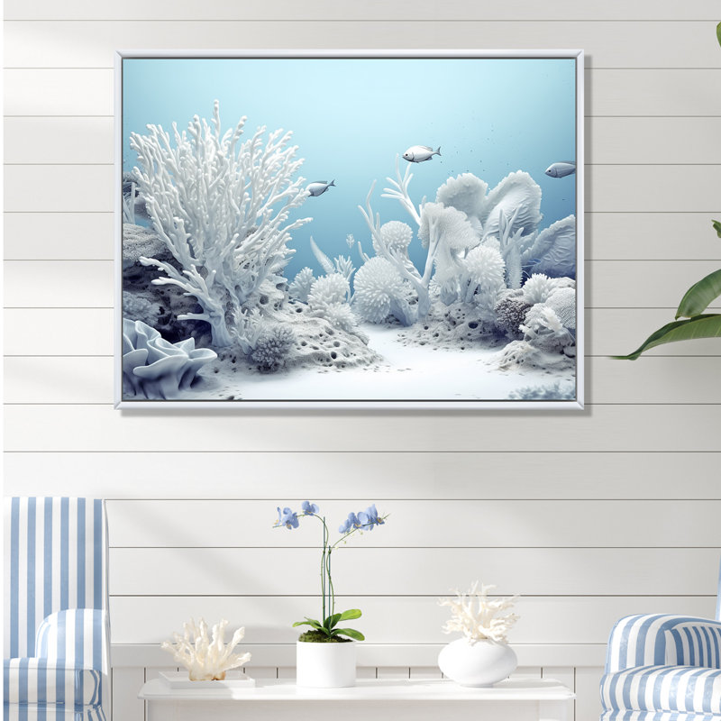 Coastal White Coral Serenity - Coastal Coral Under Water, art mural, H 12 po x l 20 po x P 1 po, Cadre flottant blanc