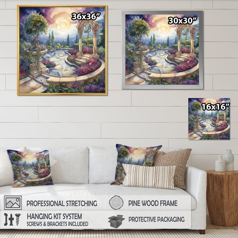 Garden Oasis III - Garden, art mural, H 16 po x l 16 po, Cadre flottant doré