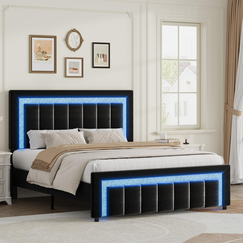 Ensemble de lit plateforme en velours capitonné à DEL avec velours moderne 2 pièces DEL - Suite de chambre à coucher lumineuse 3 pièces