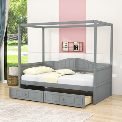 Twin-Size Canopy Daybed with Built-In Storage Drawers and Slats
