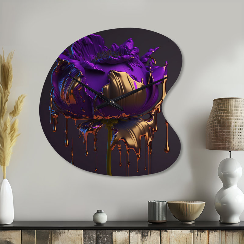 Mauve pivoine liquide or I - pivoines en forme unique horloge murale, horloge murale moderne asymétrique, Grand