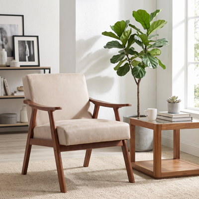 Fauteuil d'appoint rembourré de style moderne du milieu du siècle, avec structure en bois d'hévéa massif et coussins épais