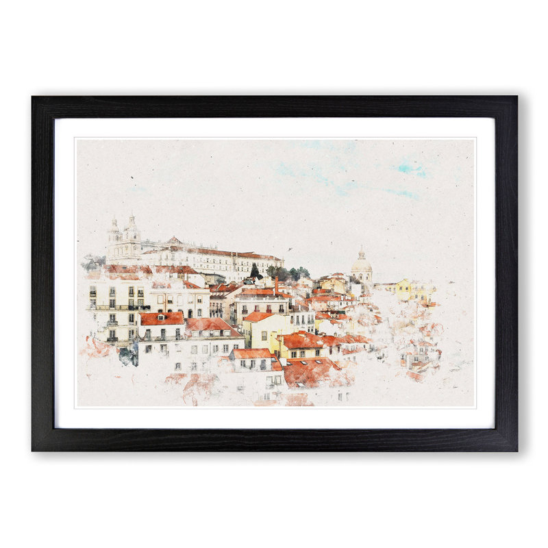Alfalma Lisbon Portugal Skyline Watercolour - Single Picture Frame Print on MDF, Black Framed, 36cm H x 48cm W x 2cm D