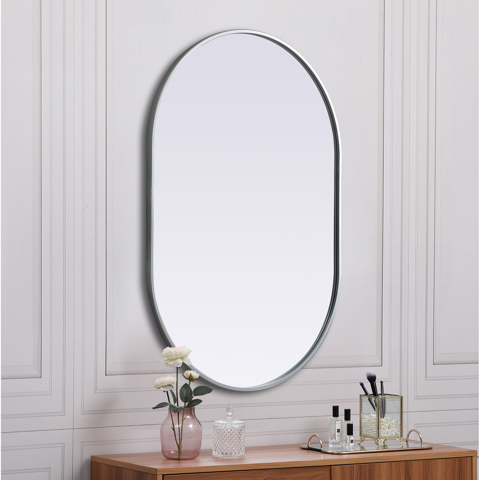 Sabine Metal Pill Wall Mirror, Silver, 40" x 27"
