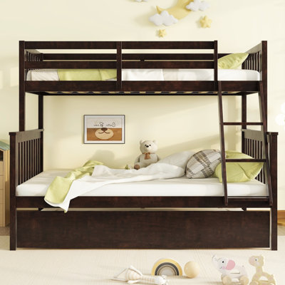 Twin Over Full Rubber Wood Bunk Bed with Twin Trundle, Detachable Convertible Ladder, Safety Guardrails, Space-Saving Convertible Bunk Bed, Grey