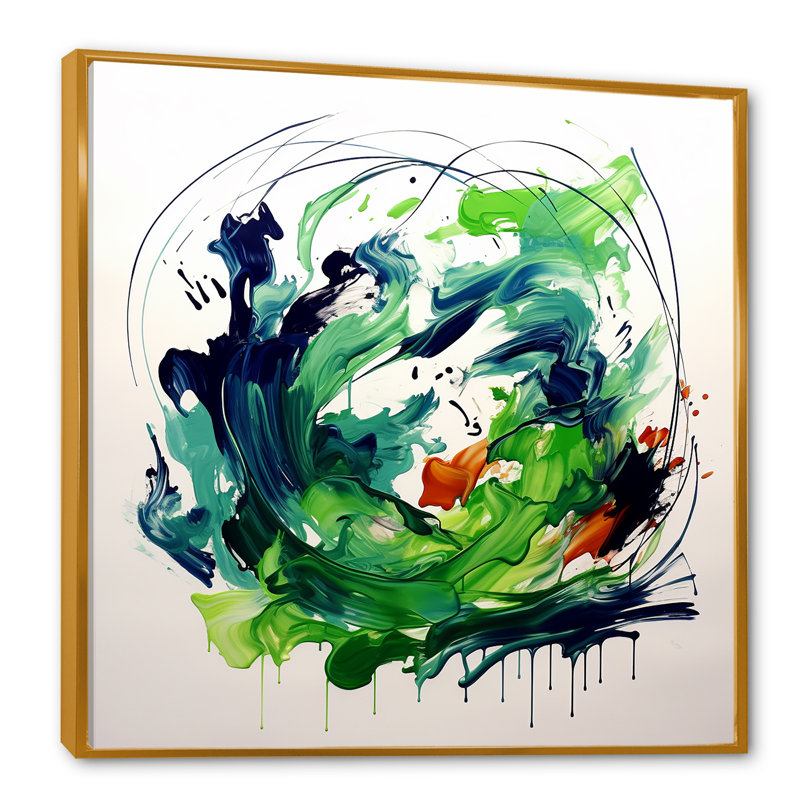 «Green and White Abstract Ink Expression III», art mural abstrait, H 30 po x l 30 po x P 1,5 po, Cadre flottant doré