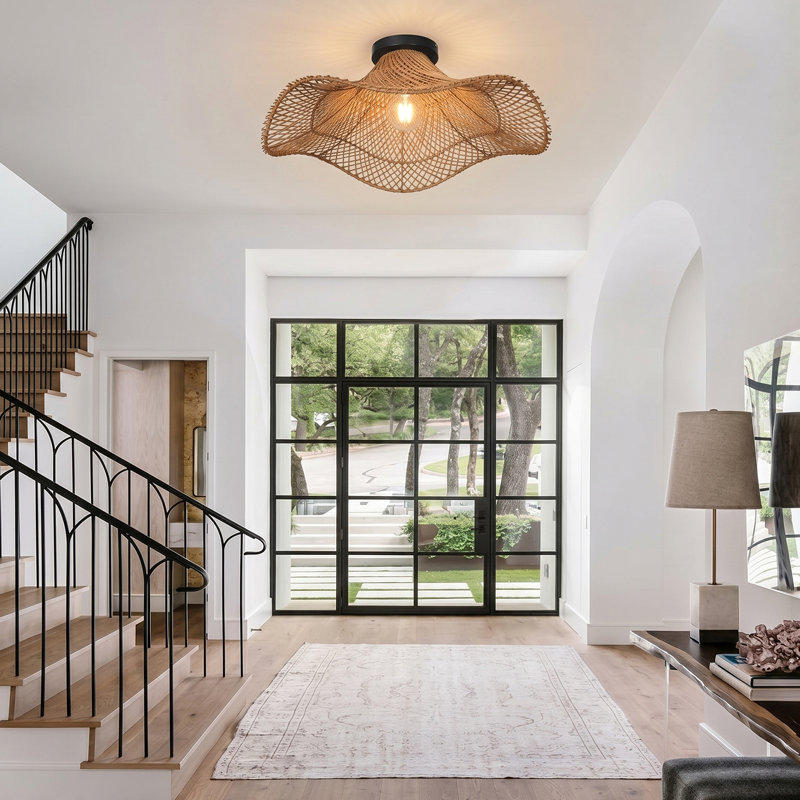 Rattan Semi Flush Ceiling Lights for Hallway, 8.27" H x 23.62" W x 23.62" D