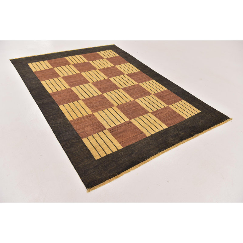 Tapis zone en laine noir/brun 5 pi 4 po x 7 pi en laine one-of-of-kind à la main noué la new age Nash