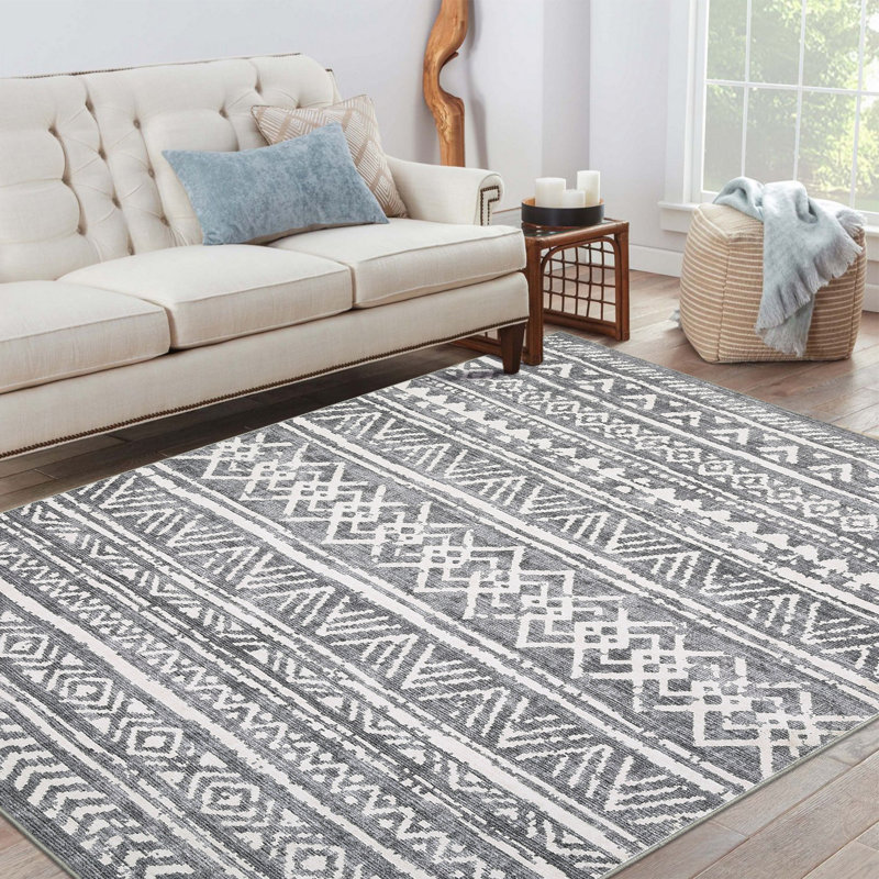 Vintage Area Rug 4 x 6 Washable Farmhouse Geometric Accent Carpet with Non Slip Backing Soft Low Pile Throw Rug Tribal Floor Cover for Living Room Bedroom Dining Room Gray