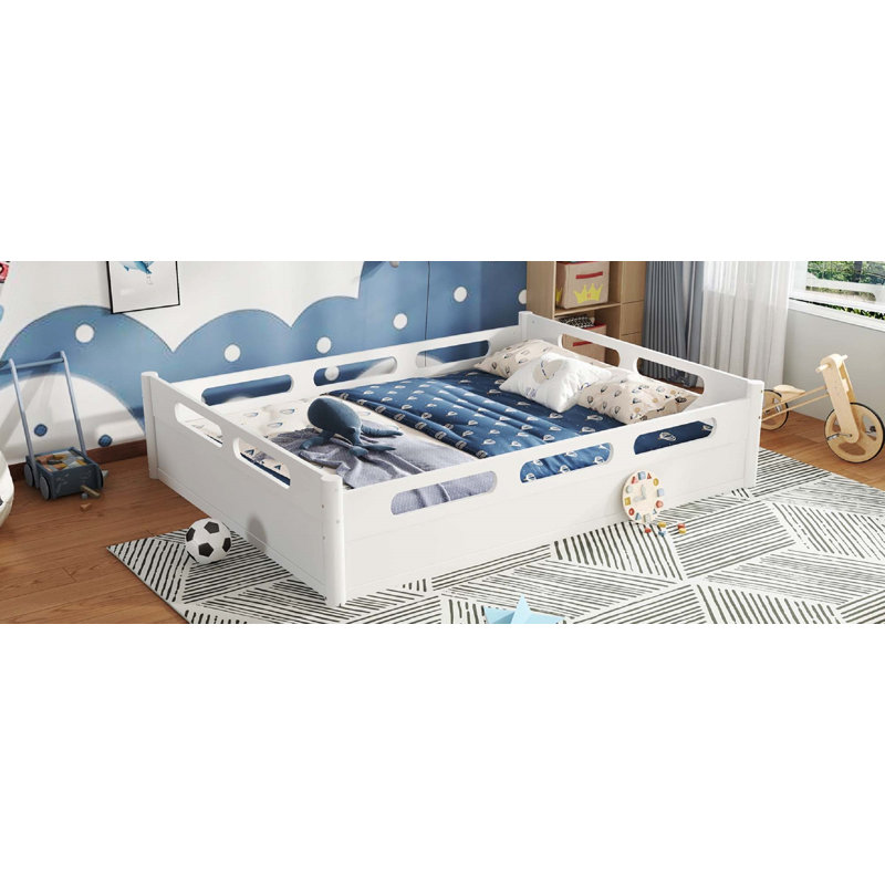 Lit plateforme grand format avec garde-corps pleine longueur, base de lit grand profil bas, aucun sommier tapissier requis, blanc