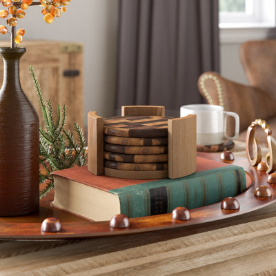 Bouknight Bamboo Agate Ceramic Jute Leather Crystal Circle Round 1 Piece Coaster Set with Holder Set