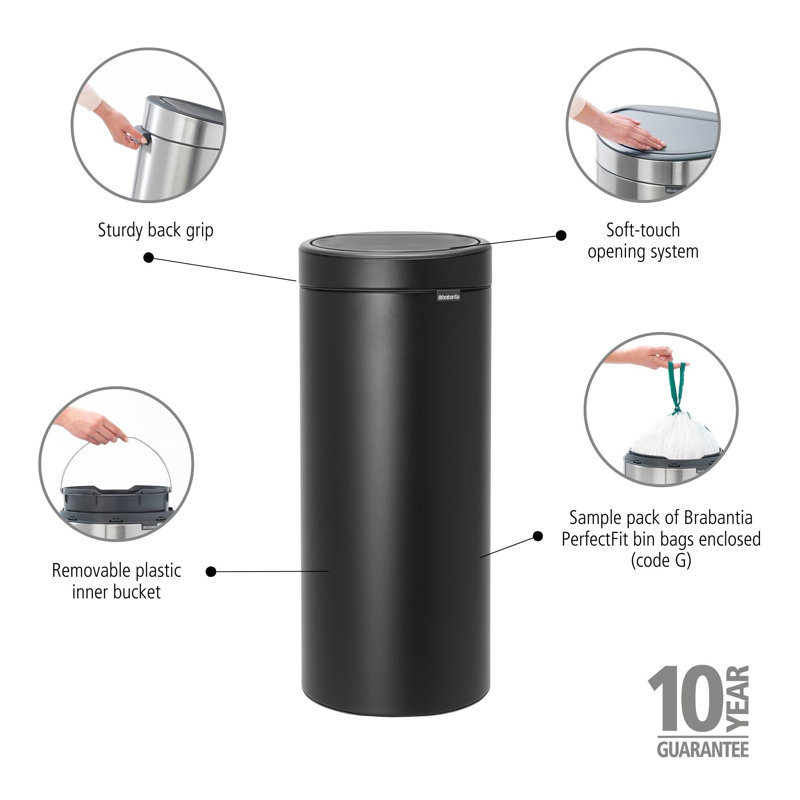 Brabantia 30 Litre Touch Bin, Mineral Moonlight Black