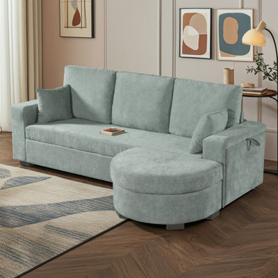 Three Seat Sectional Sofa with Storage Ottoman, USB Charging Port and Cup Holders