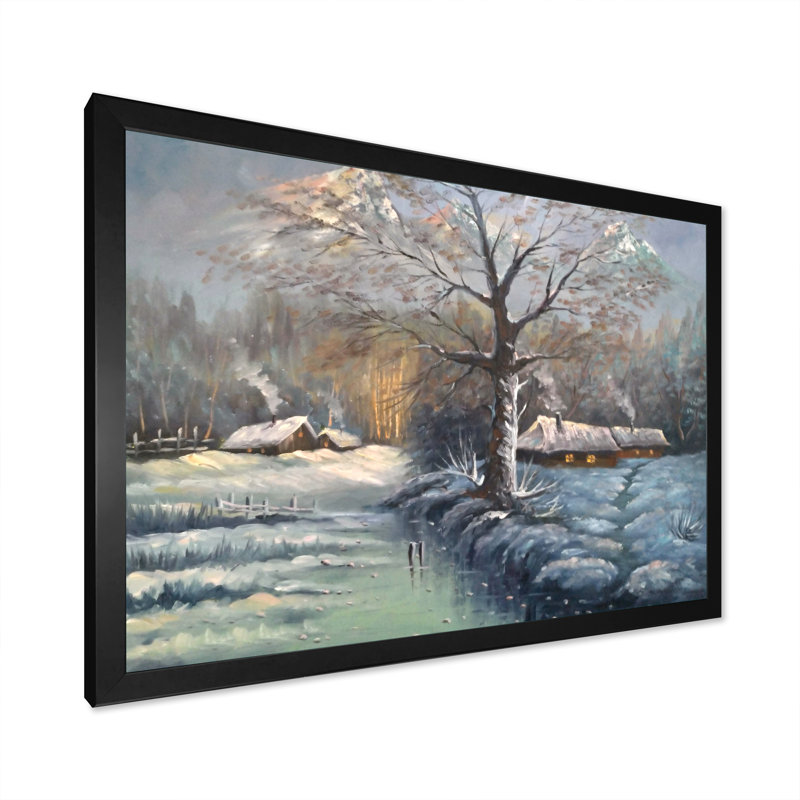 " Winter Lake House Unders Winter ", Black Picture Framed, 8" H x 12" W x 1" D