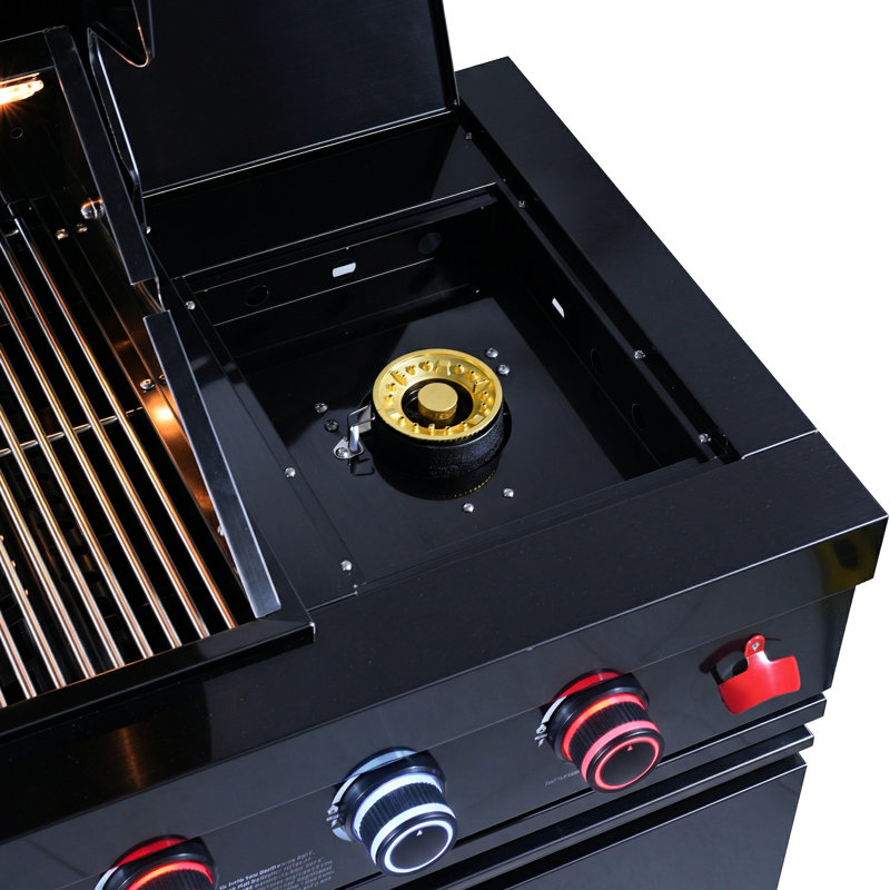 Barbecue au gaz 46 pouces 4 72000 avec brûleur arrière, grille de réchaud et barre de cuisine extérieure à contrôle de température, tablettes latérales réglables