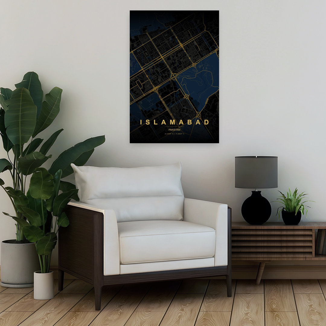 Islamabad Golden Night Map Abstract Geometric Modern City Wall Art Print