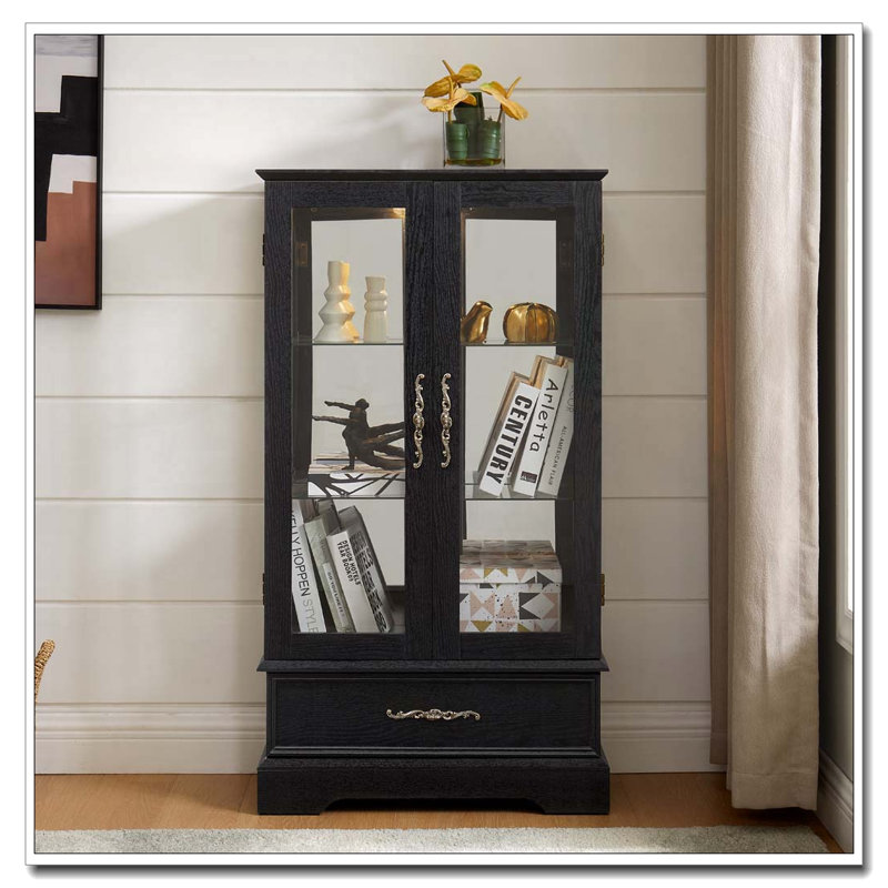 Vitrine lumineuse en verre avec tablettes réglables et tiroir, Noir