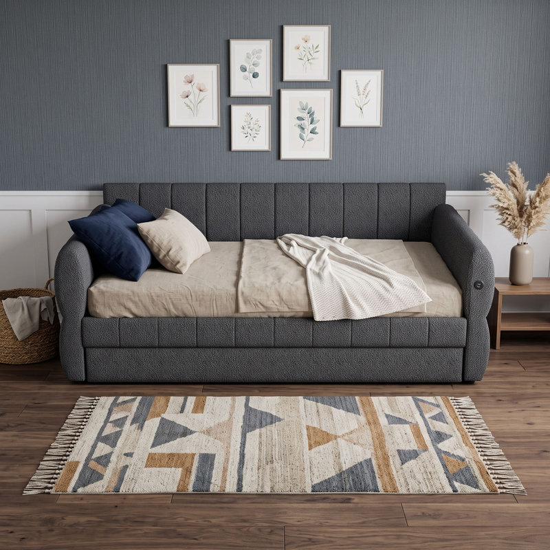 Grand lit de jour rembourré avec couchette et ports USB, Gris