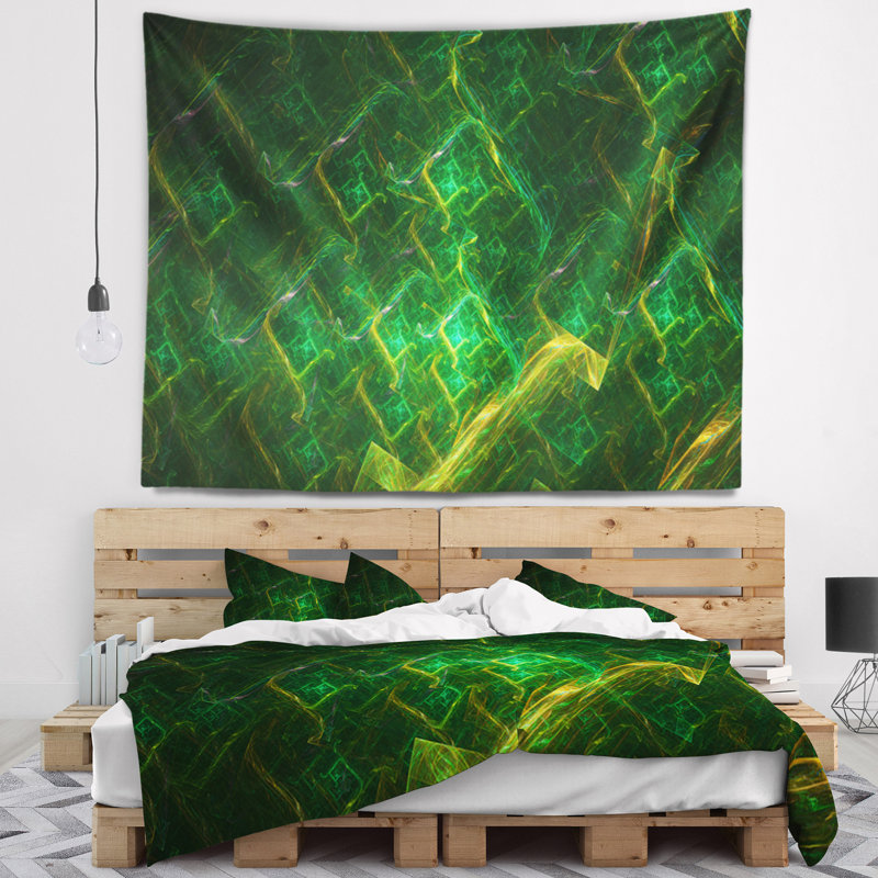 Tapisserie abstraite à motif fractal électrique vert, H 68 po x l 80 po
