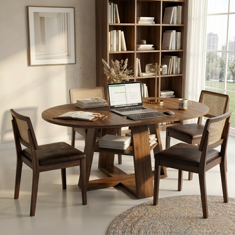 Modern 43"-59" Extendable Dining Table, Round to Oval Pedestal Table with Built-in Butterfly Leaf & Storage Base, Seats 4-6, Walnut