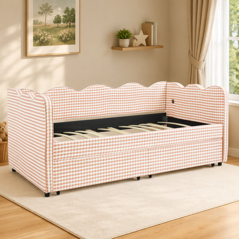 Lit de jour avec deux tiroirs de rangement, port USB, Rose