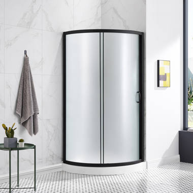 Latitude Run F6727622ABB3461BB792D645B032F7D0 Harta 32 in. Corner Shower Sliding Door with Walls and Base Included, Frosted Glass Frame Finish: Black