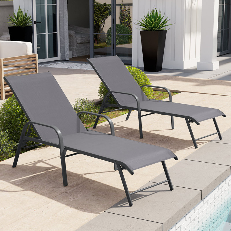 Poultney 60.6'' Aluminum Long Reclining Chaise Lounge Chairs Set (Set of 2) - Gray/Gray