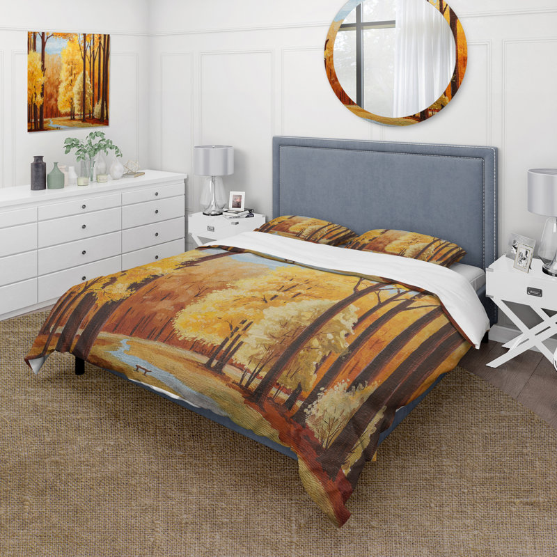 Orange Autumn Trees At Dawn - Ensemble de housse de couette Farmhouse - Microfibre de polyester