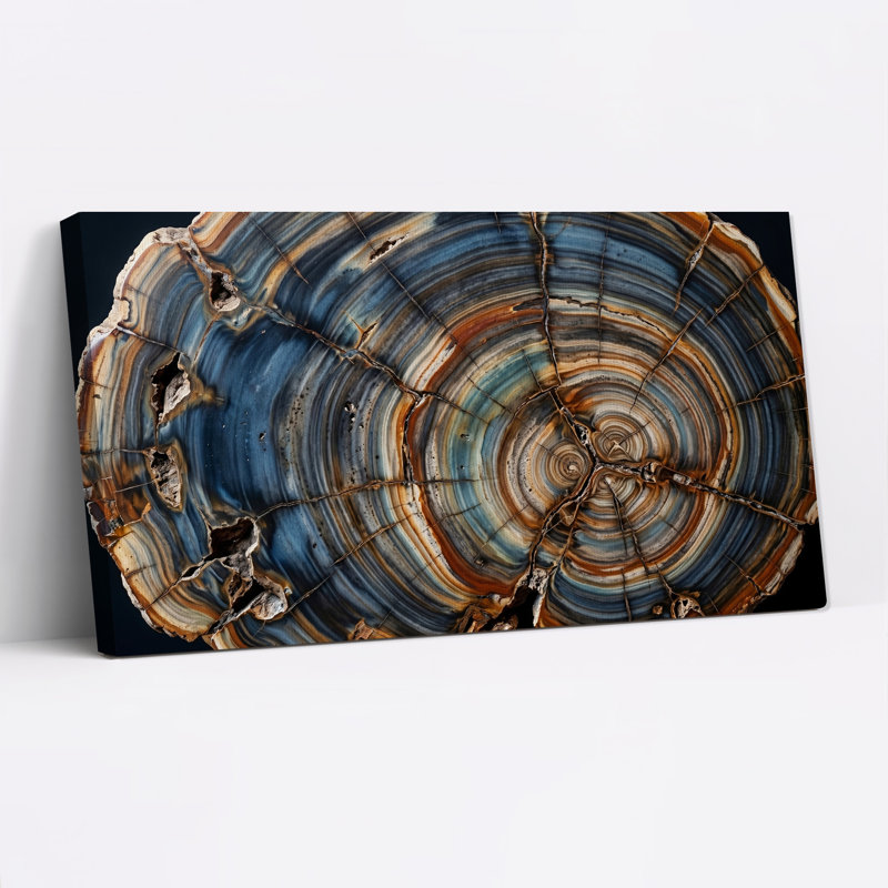 " Blue And Brown Cracked Tree Stump Cross Section " Painting Print, 32“W x 16”H