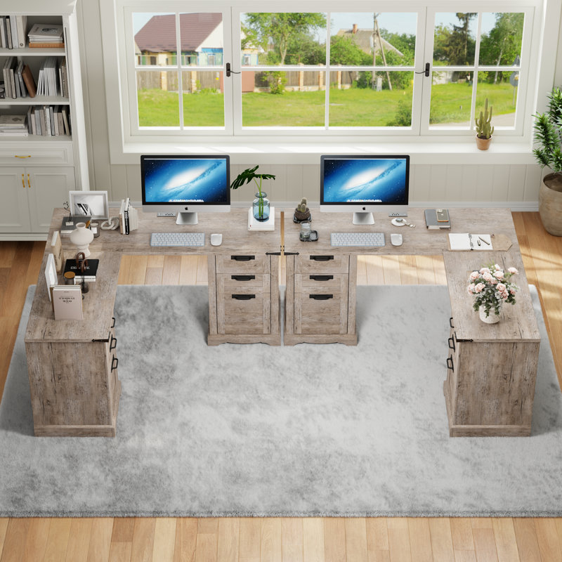 60" Farmhouse L Shaped Executive Desk With Drawers,Wood Home Office Corner Desk With Charging Station, Light Rustic Oak