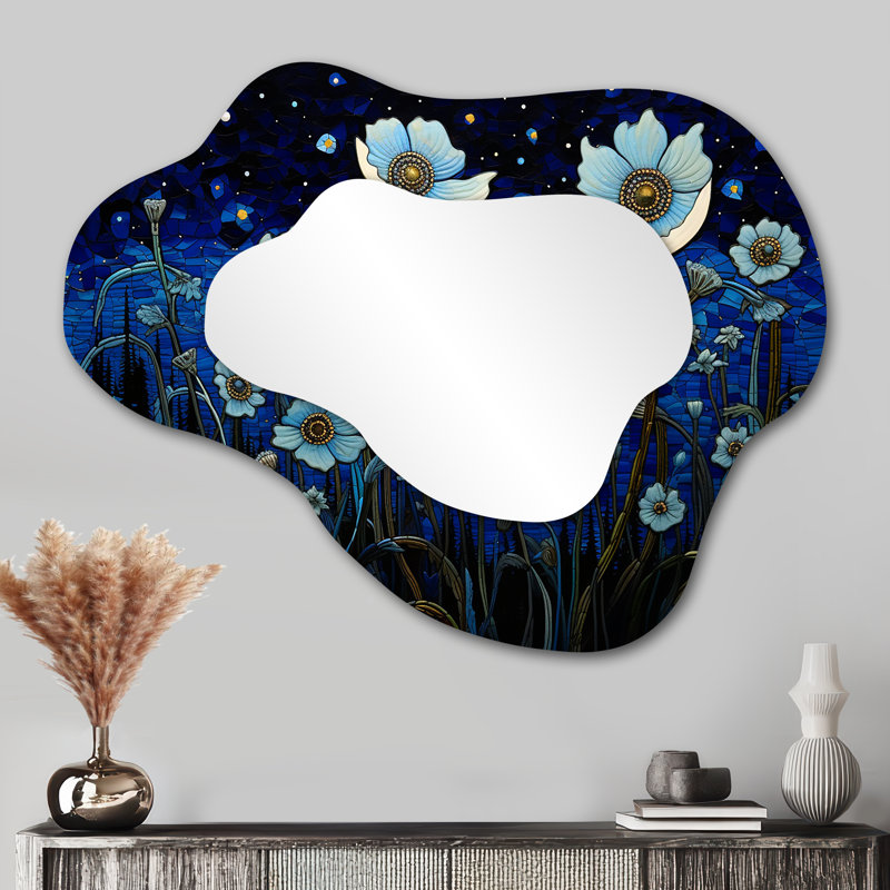 Clair de lune au champ de fleurs - fleurs sauvages en métal Art Decor - miroir mural traditionnel asymétrique, 27 po x 35 po
